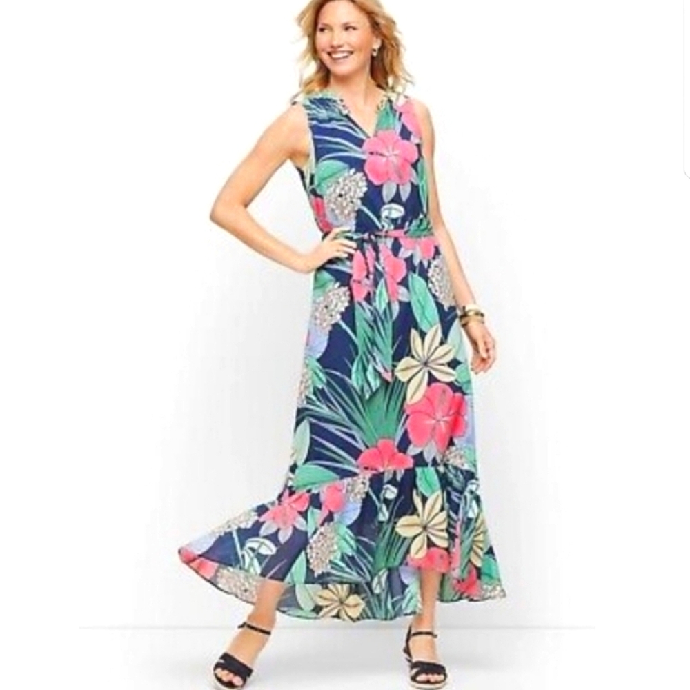 Talbots Floral Voile Hibiscus Maxi Dress Ruffle Hem Gardencore Spring Sz 4